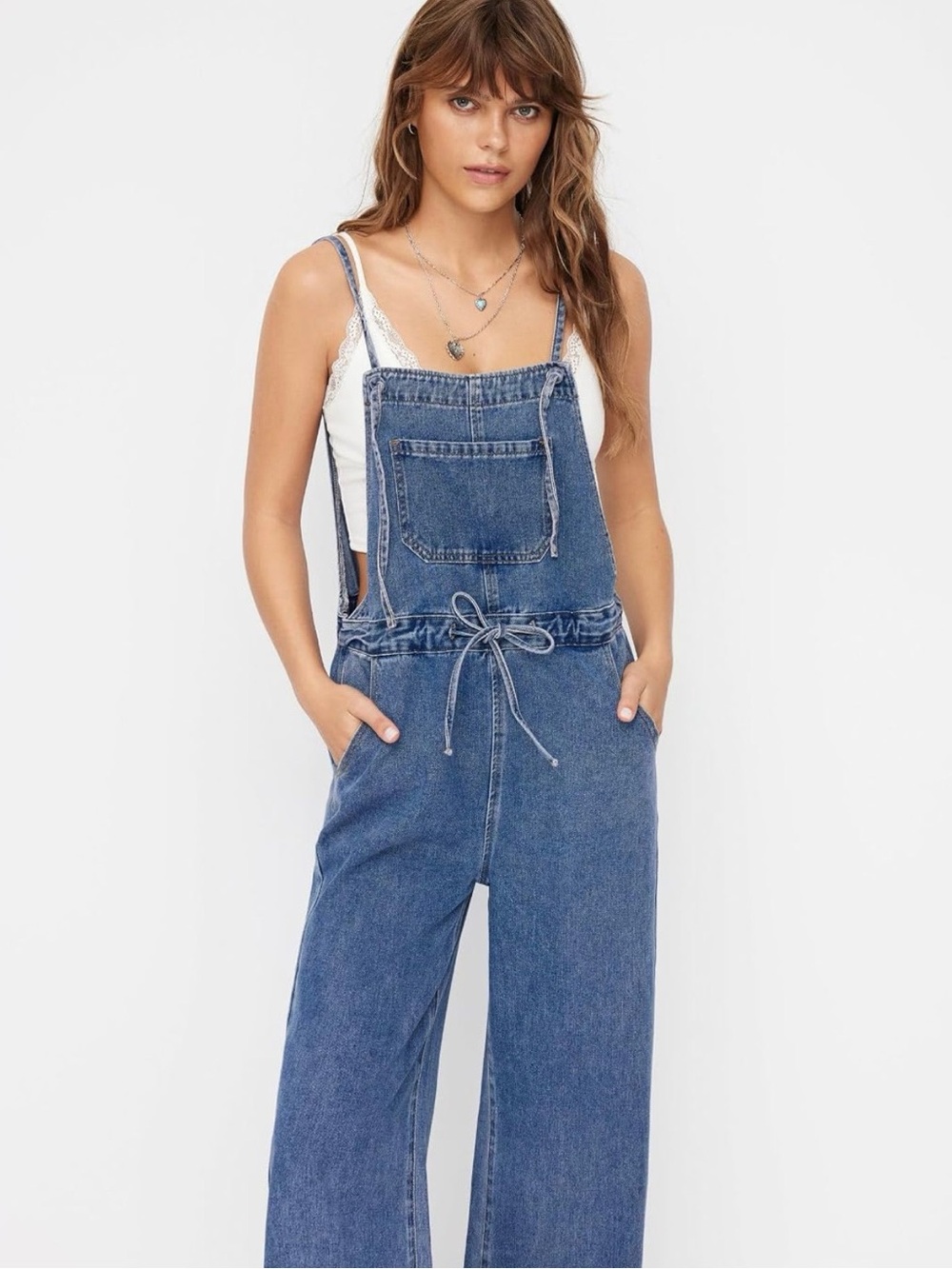 Cider Classic Western Chic Denim Overalls Adjustable Drawstring Wide-Leg Sz L